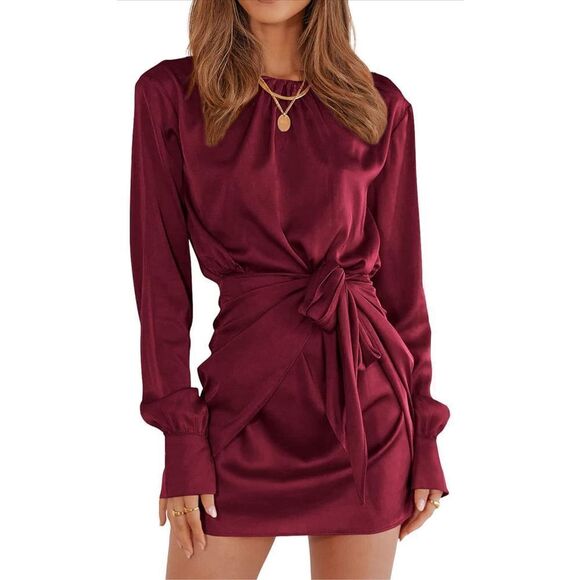 New Satin Dress Tie Waist Elegant Cocktail Mini Red 16 XL - Picture 1 of 6